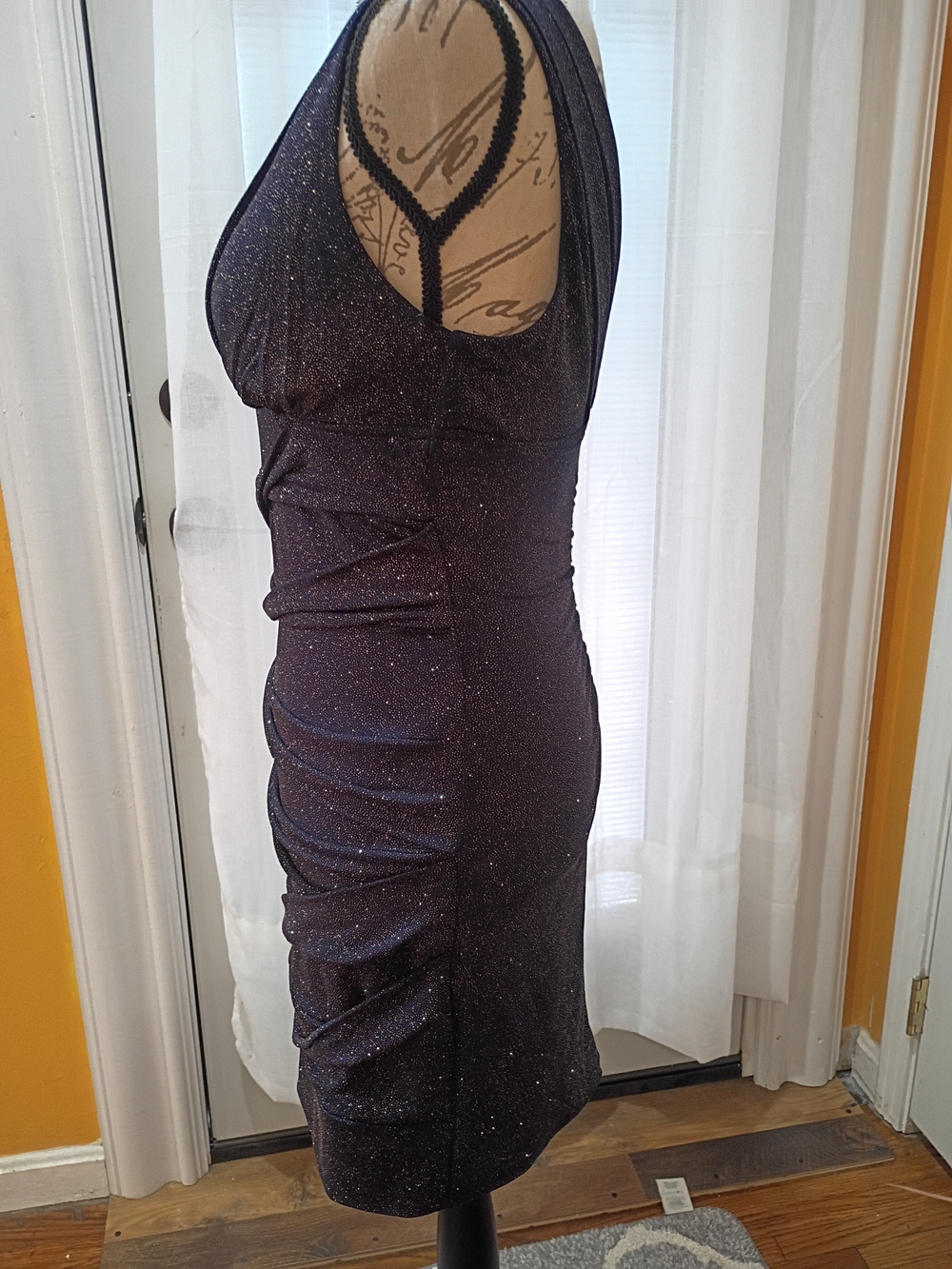 Windsor Navy Sparkle Ruched V-Neck Mini Dress Size m - Picture 4 of 6